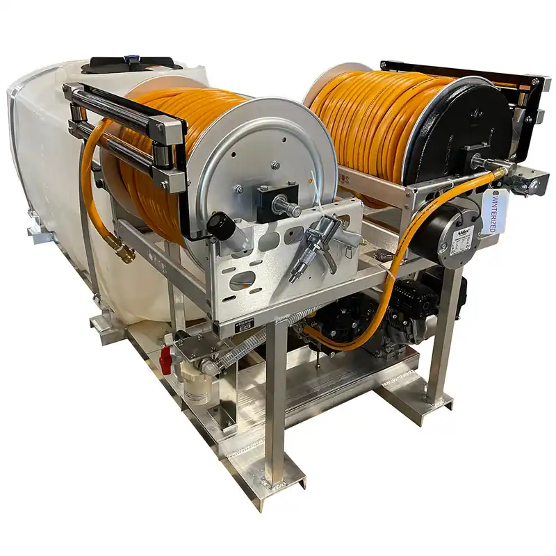 300 Gallon Skid w/ 10 gpm Diaphragm Pump & Dual Electric Reels w/ 300‘ of 1/2" ID Hose **Tank Longways & Hose Guides**