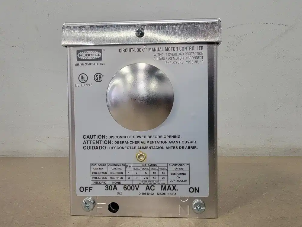 30 A, 600 VAC, 2 Pole Manual Motor Disconnect HBL13R92D